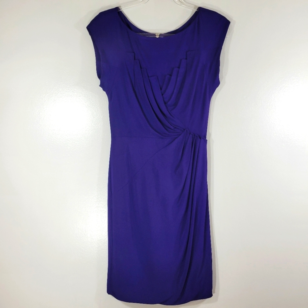 KAREN MILLEN indigo purple shirred cap sleeve cocktail shift dress